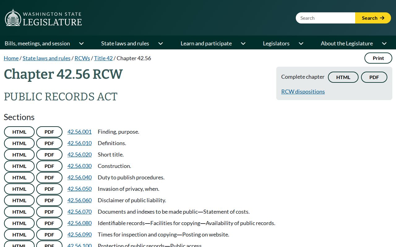 Kent public records Washington Public Records Act chapters