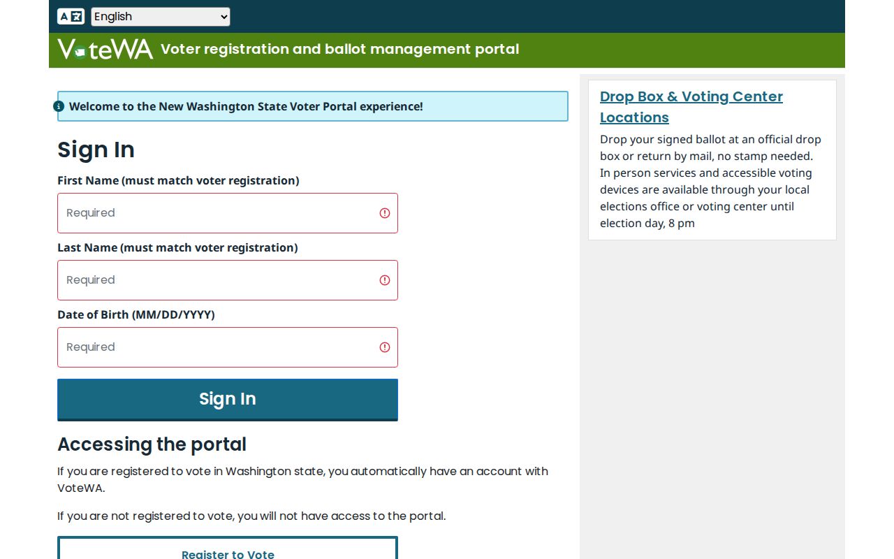 Kent voter registration records VoteWA sign-in fields
